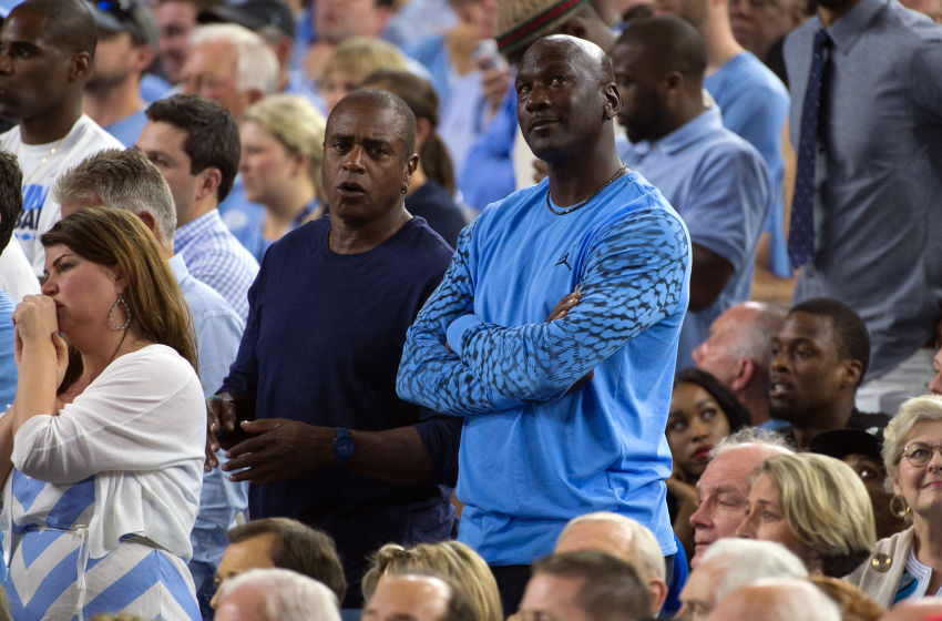HOUSTON, TX - APRIL 04: Michael Jordan (R) attends the game between the Villanova Wildcats and the North Carolina Tar Heels during the 2016 NCAA Men's Final Four Championship at NRG Stadium on April 04, 2016 in Houston, Texas. (Photo by Lance King/Getty Images)