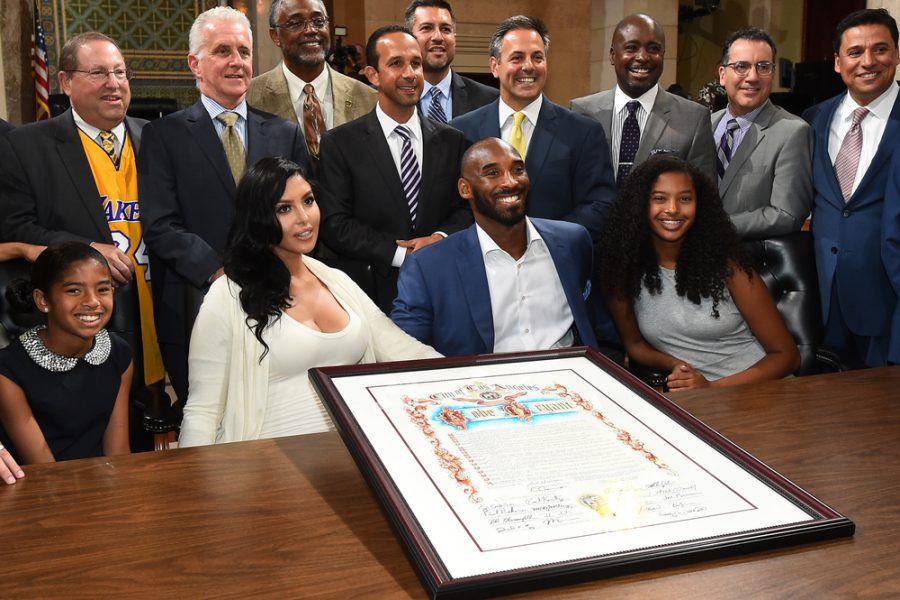 LOS ANGELES, CA - August 24: Kobe Bryant and his family pose for a picture as The Los Angeles City Council declares August 24, 2016 as "Kobe Bryant Day" in the City of Los Angeles on August 24, 2016 in Los Angeles, California. NOTE TO USER: User expressly acknowledges and agrees that, by downloading and or using this photograph, User is consenting to the terms and conditions of the Getty Images License Agreement. Mandatory Copyright Notice: Copyright 2016 NBAE (Photo by Andrew D. Bernstein/NBAE via Getty Images)