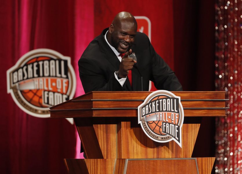 Sep 09, 2016; Springfield, MA, USA; Shaquille O’Neal speaks at the Springfield Symphony Hall during the 2016 Naismith Memorial Basketball Hall of Fame Enshrinement Ceremony. Mandatory Credit: David Butler II-USA TODAY Sports