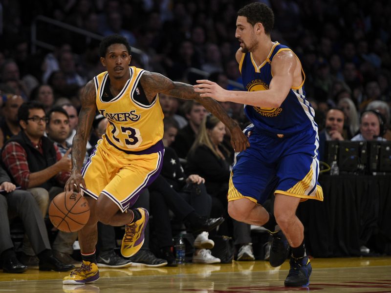 Nov 4, 2016; Los Angeles, CA, USA; Los Angeles Lakers guard Lou Williams (23) drives the ball defended by Golden State Warriors guard Klay Thompson (11) during the fourth quarter at Staples Center. The Los Angeles Lakers won 117-97. Mandatory Credit: Kelvin Kuo-USA TODAY Sports